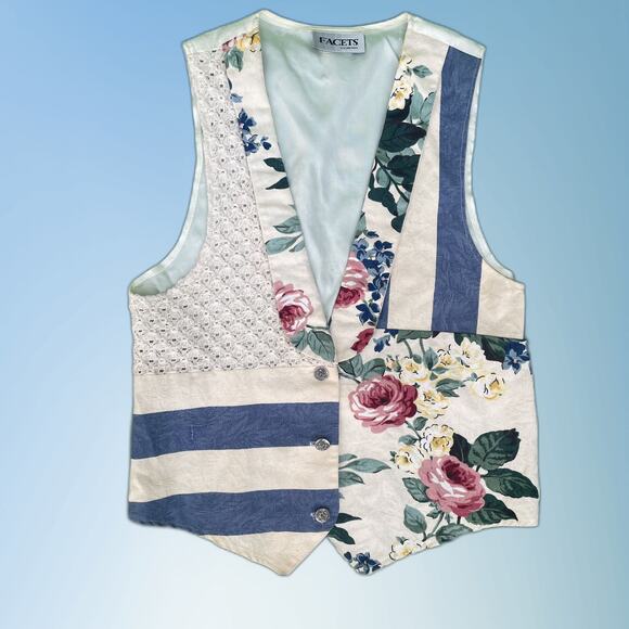 vintage 80s 90s cottage granny mixed media crochet floral vest Large oversized - Picture 1 of 8